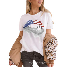American flag lips printed round neck short sleeve shirt